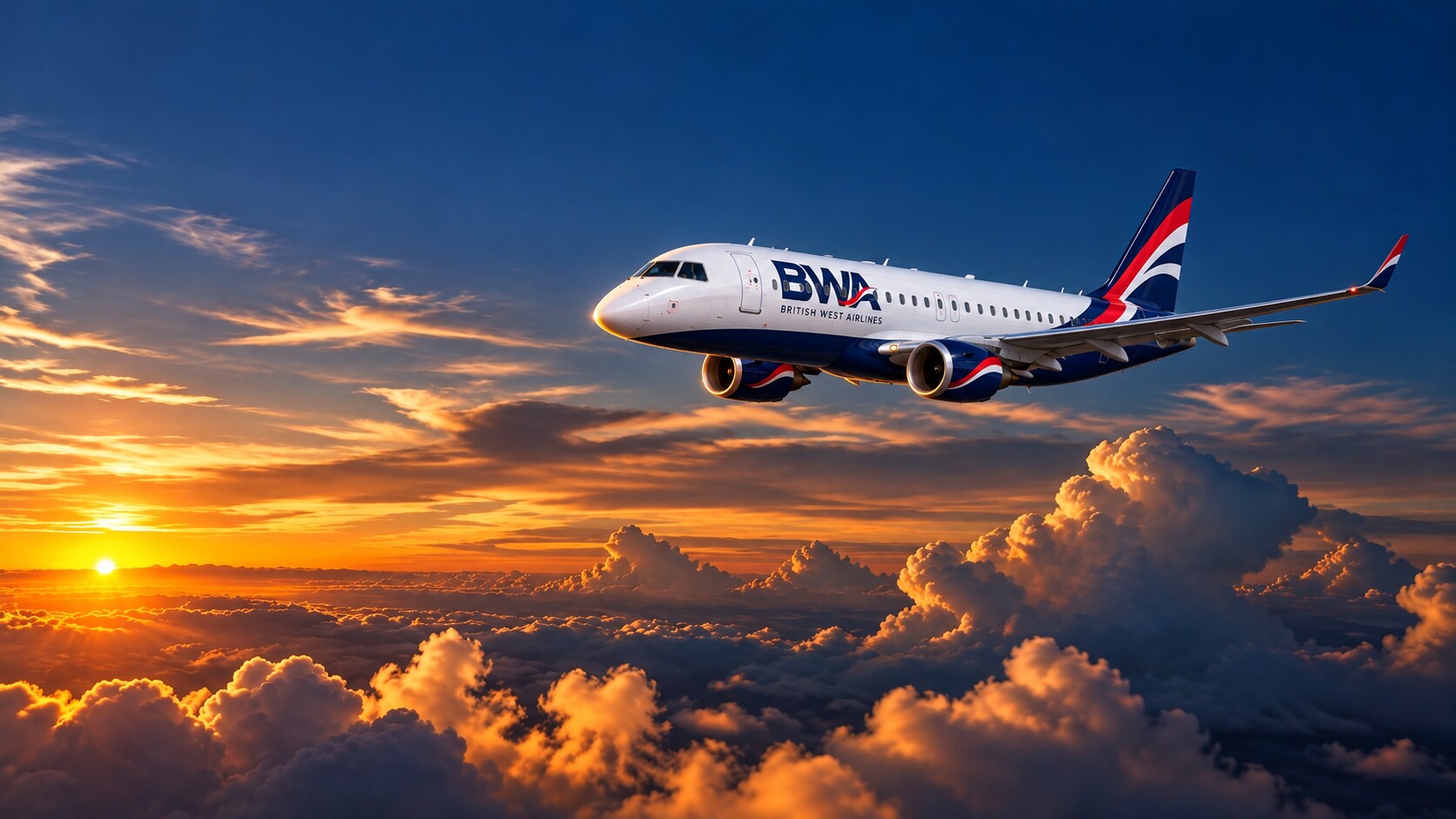 Concept illustration of an Embraer E190 in proposed British West Airlines livery above clouds at dusk