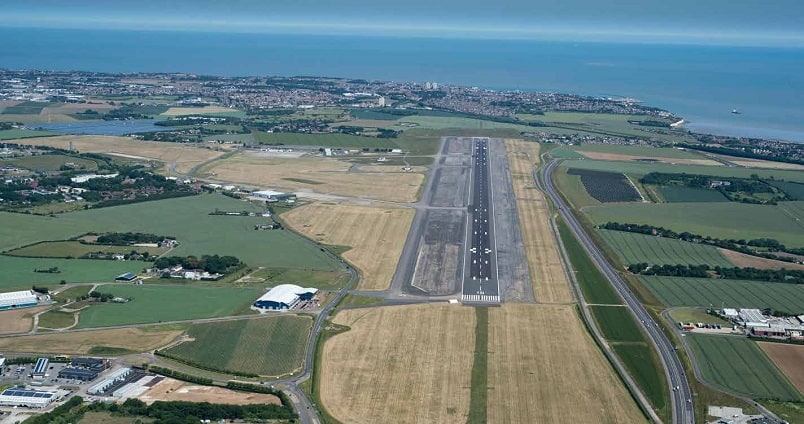 Aerial view of the runway at Manston Airport in Kent on a clear day